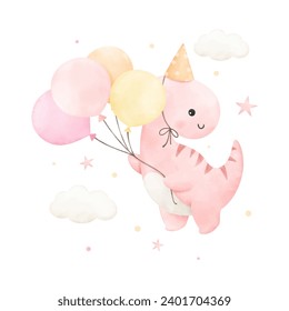 Baby dinosaur girl with balloon For nursery kids Birthday party girl Baby shower Print for invitation card Poster Template