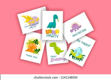 Baby dinosaur greeting card set within 3d mockup. Cute cartoon dinosaur icons in flat style children holiday, dinosaurus related materials. For card, poster, banner, logo, icon. Jurassic park theme. 