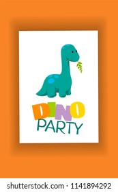 Baby dinosaur greeting card within 3d mockup. Cute cartoon dino icon (diplodocus) in flat style for children holiday, dinosaurus related materials. For card, poster, logo, icon. Jurassic park theme