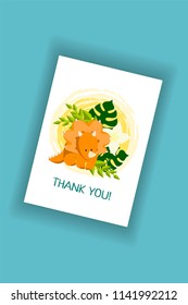 Baby dinosaur greeting card within 3d mockup. Cute cartoon dino icon (triceratops) in flat style for children holiday, dinosaurus related materials. For card, poster, logo, icon. Jurassic park theme
