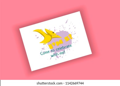 Baby dinosaur greeting card within 3d mockup. Cute cartoon dino icon (pterodactyl) in flat style for  children holiday, dinosaurus related materials. For card, poster, logo, icon. Jurassic park theme