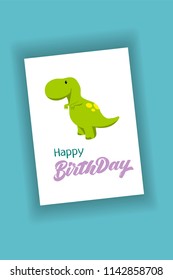 Baby dinosaur greeting card within 3d mockup. Cute cartoon dino icon (tyrannosaurus rex) in flat style and hand drawn lettering children holiday, dinosaurus related materials. Jurassic park theme