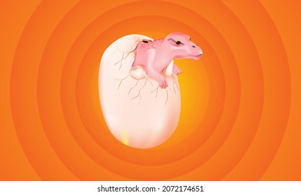 Baby dinosaur just hatched from egg on bright orange background. 