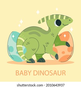 Baby dinosaur. Little dragon, lizard, dino animal. Childish funny cartoon character. Friendly fairy baby dinosaur. Cute adorable monster. Tale colorful comic dinosaur design. Vector illustration.