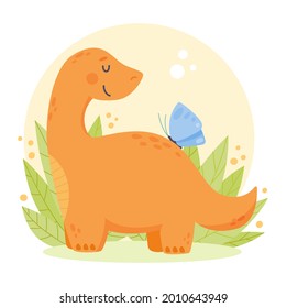 Baby dinosaur. Little dragon, lizard, dino animal. Childish funny cartoon character. Friendly fairy baby dinosaur. Cute adorable monster. Tale colorful comic dinosaur design. Vector illustration.