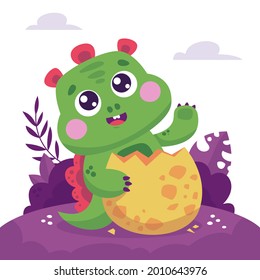 Baby dinosaur. Little dragon, lizard, dino animal. Childish funny cartoon character. Friendly fairy baby dinosaur. Cute adorable monster. Tale colorful comic dinosaur design. Vector illustration.