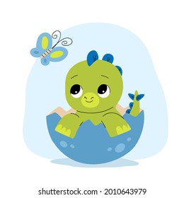 Baby dinosaur. Little dragon, lizard, dino animal. Childish funny cartoon character. Friendly fairy baby dinosaur. Cute adorable monster. Tale colorful comic dinosaur design. Vector illustration.