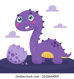 Baby dinosaur. Little dragon, lizard, dino animal. Childish funny cartoon character. Friendly fairy baby dinosaur. Cute adorable monster. Tale colorful comic dinosaur design. Vector illustration.