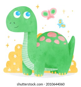 Baby dinosaur. Little dragon, lizard, dino animal. Childish funny cartoon character. Friendly fairy baby dinosaur. Cute adorable monster. Tale colorful comic dinosaur design. Vector illustration.