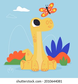 Baby dinosaur. Little dragon, lizard, dino animal. Childish funny cartoon character. Friendly fairy baby dinosaur. Cute adorable monster. Tale colorful comic dinosaur design. Vector illustration.