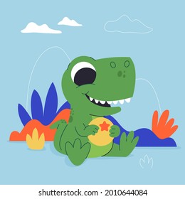 Baby dinosaur. Little dragon, lizard, dino animal. Childish funny cartoon character. Friendly fairy baby dinosaur. Cute adorable monster. Tale colorful comic dinosaur design. Vector illustration.