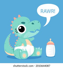 Baby dinosaur. Little dragon, lizard, dino animal. Childish funny cartoon character. Friendly fairy baby dinosaur. Cute adorable monster. Tale colorful comic dinosaur design. Vector illustration.