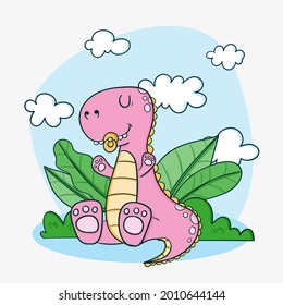 Baby dinosaur. Little dragon, lizard, dino animal. Childish funny cartoon character. Friendly fairy baby dinosaur. Cute adorable monster. Tale colorful comic dinosaur design. Vector illustration.