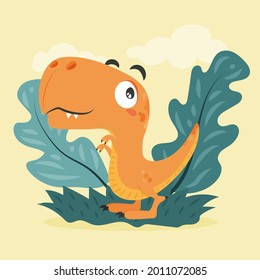 Baby dinosaur. Little dragon, lizard, dino animal. Childish funny cartoon character. Friendly fairy baby dinosaur. Cute adorable monster. Tale colorful comic dinosaur design. Vector illustration.