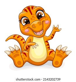 Baby dinosaur orange striped tyrannosaurus. Cute cartoon character. Vector illustration isolated on white. For print, design, advertising, stationery, t-shirt and textiles, decor, sublimation.