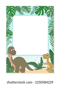 Baby Dinosaur party photo booth prop. Cartoon selfie concept with cute dinosaurs and tropical background. Flat style photo frame with cute T-rex and Brachiosaurus. Vector illustration. 