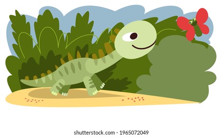 Baby dinosaur playing with a butterfly. The isolated object on a white background. Cheerful kind animal child. Cartoons flat style. Prehistoric reptile. Illustration vector