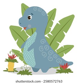 Baby dinosaur and prehistoric plants. Colorful cute children s illustrations. Vector dinosaur and prehistoric plants for greeting card design, congratulations and invitation card making.