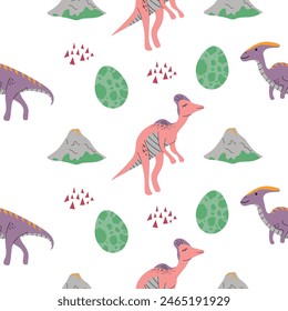 Patrón sin fisuras de dinosaurio bebé en estilo plano de dibujos animados. Patrón de Vector de dino dibujado a mano para papel de scrapbook, impresiones, fondo, Fondo de pantalla, tela.
