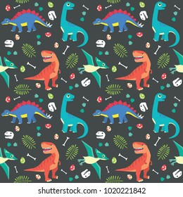 Baby Dinosaur Seamless Pattern Colorful Vector Illustration Dark Background