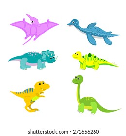 Baby dinosaur set vector illustration Plesiosaur, pterodactyl, triceratops, stegosaurus, tyrannosa dinosaur cartoon isolated Fun dinosaur animal vector Cute happy cartoon character vector illustration