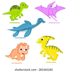 Baby dinosaur set vector illustration Plesiosaur, pterodactyl, triceratops, spinosaurus, saurolophus dinosaur cartoon isolated Fun dinosaur animal vector Cute happy colorful cartoon character vector