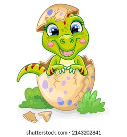 Baby dinosaur tyrannosaurus sitting in egg. Cute cartoon character. Vector illustration isolated on white. For print, design, advertising, stationery, t-shirt and textiles, decor, sublimation.