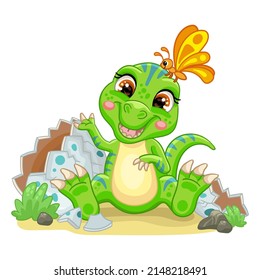 Baby dinosaur tyrannosaurus sitting with egg on nature. Cute cartoon character. Vector isolated illustration. For print, design, advertising, cards,stationery, t-shirt, textiles, decor, sublimation