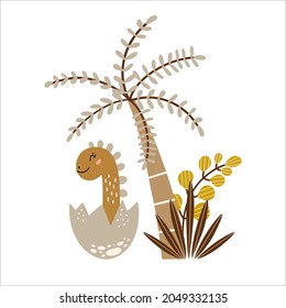 Baby Dinosaur vector illustration in cartoon style. Cute little dino in egg.  Prehistoric animal and palm. Modern jurassic kids drawing. Sweet trendy nursery print. Isolated on white background. 