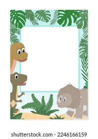 Baby dinosaurs cartoon photo frame. Dino photo booth prop for party, selfie concept, poster. Cute T-Rex, triceratops and Brachiosaurus on tropical background. Flat style Vector illustration.