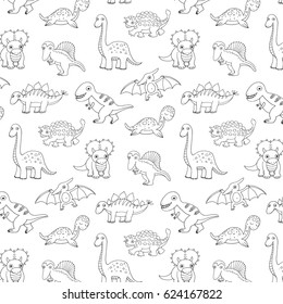 Baby dinosaurs cute vector doodle line pattern.