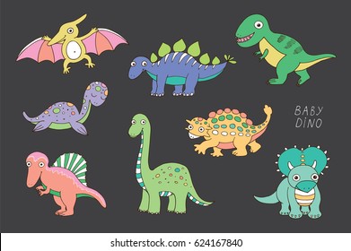Baby dinosaurs cute vector doodle illustrations set.
