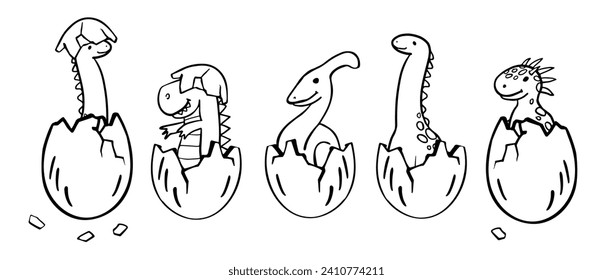 baby dinosaurs hatched from an egg set. doodle vector illustration isolated on white for children's illustrations, print on T-shirt, poster in children's room, funny baby character, Stickers