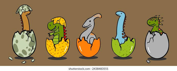 baby dinosaurs hatched from an egg set. doodle vector illustration isolated on white for children's illustrations, print on T-shirt, poster in children's room, funny baby character, Stickers