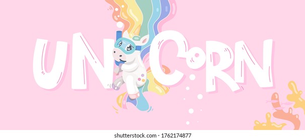 Baby dive unicorn character and inscription on the pink background