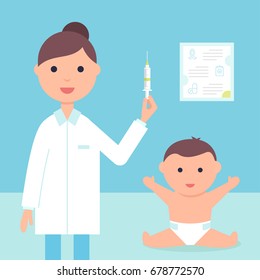 Baby And Doctor Or Nurse Holding A Syringe. Treatment, Vaccination Or Immunization Schedule Illustration. Vector Design