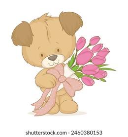 Baby dog holding a bouquet of roses