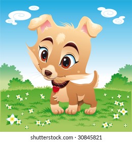 Baby dog in the meadow. Funny cartoon and vector scene. Isolated objects