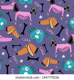 Baby dog seamless pattern drawing scandinavian style. Colorful vector illustration for kids apparel fashion textile print.