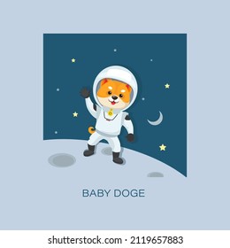 Baby Doge astronaut. Meme tokens. Shiba inu in space. Cute dog in a space suit. Travel to space banner. Poster, card, banner, background design. Vector illustration. 