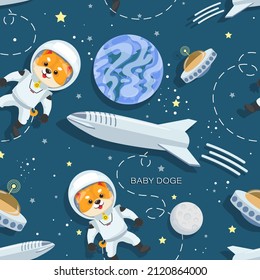 Baby Doge astronaut. Space background. Meme tokens. Shiba inu in space. Cute dog in a space suit. Travel to space. Vector illustration for childrens clothing, textile. Seamless pattern.