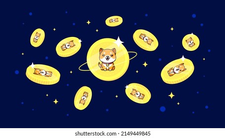 Baby Doge Coin (BabyDoge) coins falling from the sky. BabyDoge cryptocurrency concept banner background.