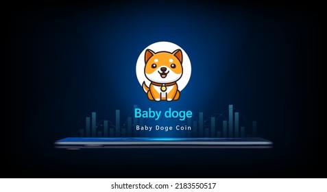 Baby Doge Coin crypto currency token symbol come out from smartphone. Coin icon on dark background. Trading cryptocurrency in stock market on application. For website or banner. Vector illustrator.