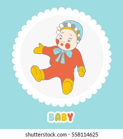 Baby doll in a cap with ruffles on a light background