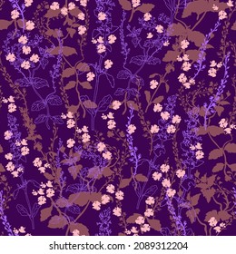 Baby doll in colors of the year seamless pattern with small simple flowers and herbs. Velvet violet and pink floral vector illustration for apparel, textile, fabric, poster, ecology package.