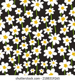 El patrón de las muñecas de bebé es impecable. Tendencia veraniega de las flores. Diseño de vectores. Marinas blancas sobre fondo negro