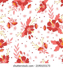 Baby doll ditsy seamless pattern. Flowers summer trend. Vector design. Red colors