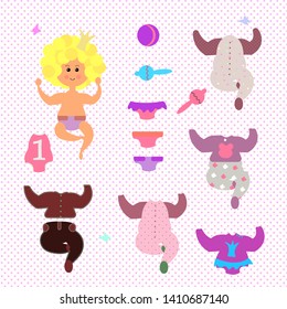 Baby doll with golden curls and a crown. With a set of clothes, a rattle and a ball. Diaper, body, romper, panties, skirt. Funny character in cartoon style. Girl paper doll. Vector Print and cut out