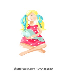 
Baby doll in a pink dress with peas on a white background isolated. Color vector illustration.