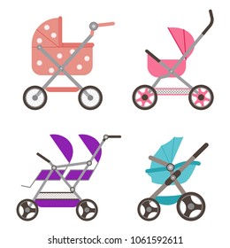 Baby doll stroller set. Buggy vector cartoon flat icons isolated on white background.